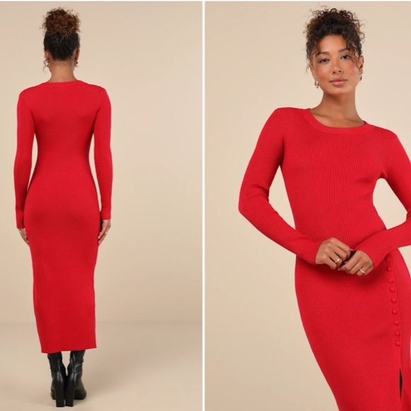 LULU's Chic Sexy Casual Ribbed Stretch Holiday Sweater Long Sleeve Midi Dress - Picture 3 of 4